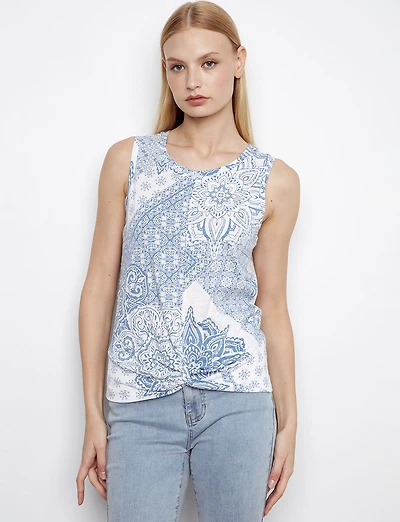 Chic Sleeveless Blue Floral-Print Cotton Top with Front Twist Hem by Charlie B