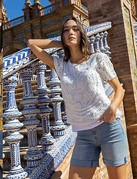 Reversible Short Sleeve Cotton Crochet Sweater Button-Down Top by Charlie B