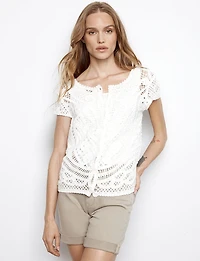 Reversible Short Sleeve Cotton Crochet Sweater Button-Down Top by Charlie B