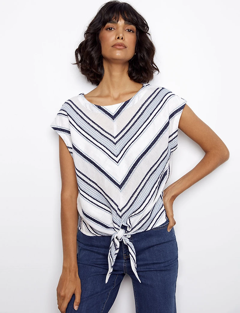 Nautical Embroidered Striped Design Cap Sleeve Top With Tie-Front by Charlie B.