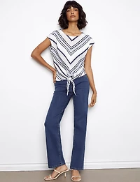 Nautical Embroidered Striped Design Cap Sleeve Top With Tie-Front by Charlie B.