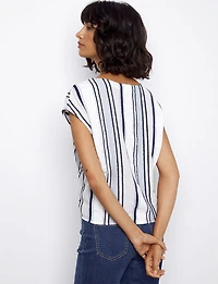 Nautical Embroidered Striped Design Cap Sleeve Top With Tie-Front by Charlie B.
