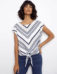 Nautical Embroidered Striped Design Cap Sleeve Top With Tie-Front by Charlie B.