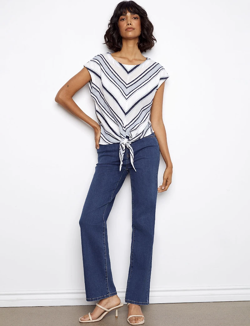 Nautical Embroidered Striped Design Cap Sleeve Top With Tie-Front by Charlie B.