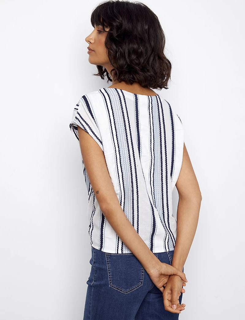 Nautical Embroidered Striped Design Cap Sleeve Top With Tie-Front by Charlie B.