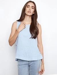 Lightweight Sleeveless Linen Top - Side Button & High-Low Round Hem by Charlie B