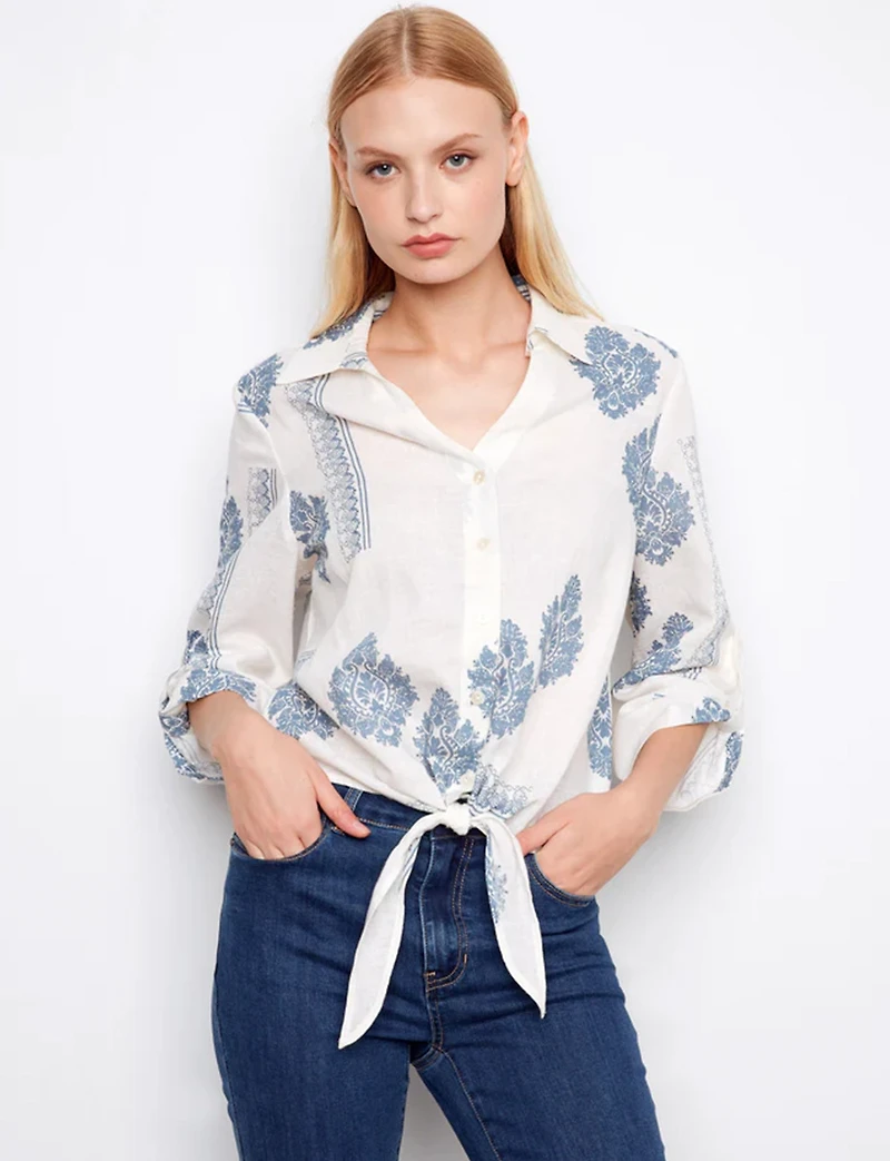 Bohemian Print Linen-Blend Button-Up Johnny Collar Tie-Front Blouse by Charlie B