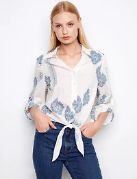 Bohemian Print Linen-Blend Button-Up Johnny Collar Tie-Front Blouse by Charlie B