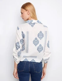 Bohemian Print Linen-Blend Button-Up Johnny Collar Tie-Front Blouse by Charlie B