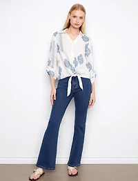 Bohemian Print Linen-Blend Button-Up Johnny Collar Tie-Front Blouse by Charlie B