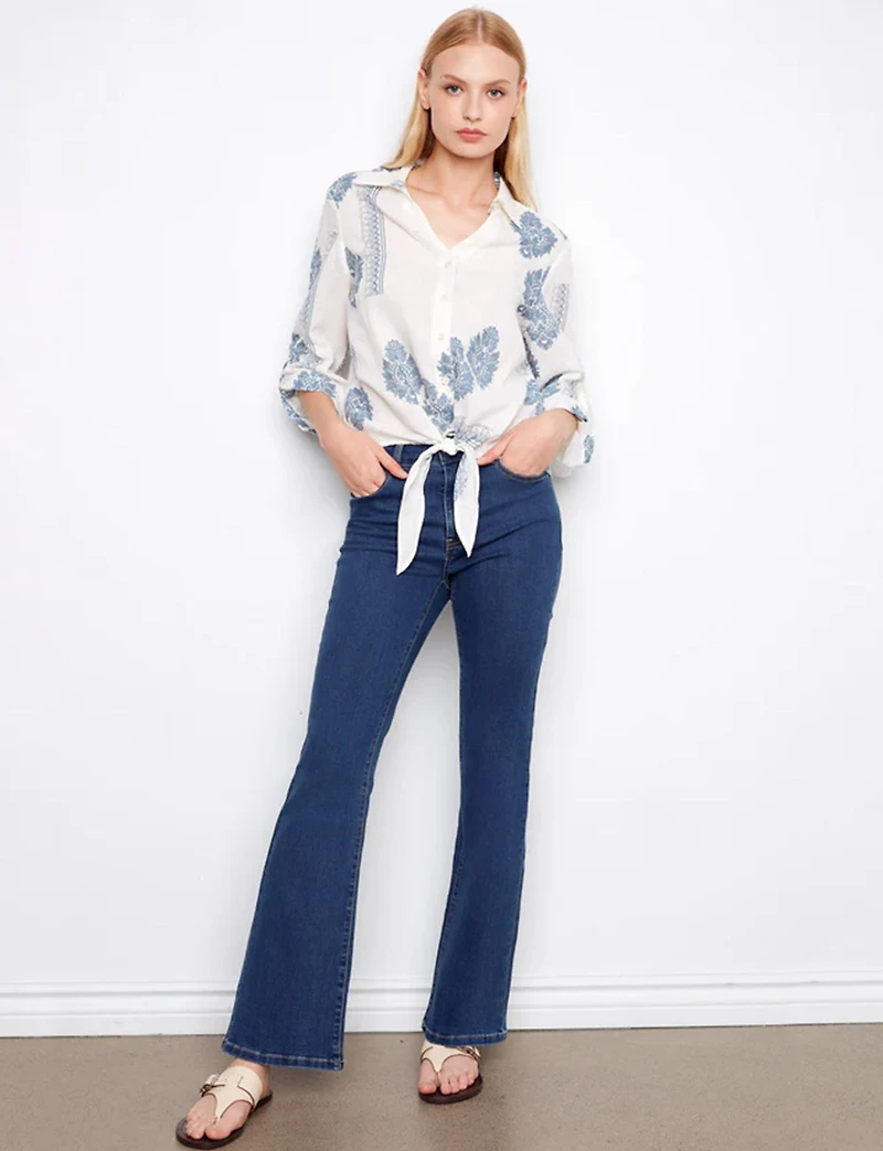 Bohemian Print Linen-Blend Button-Up Johnny Collar Tie-Front Blouse by Charlie B
