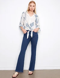 Bohemian Print Linen-Blend Button-Up Johnny Collar Tie-Front Blouse by Charlie B