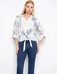 Bohemian Print Linen-Blend Button-Up Johnny Collar Tie-Front Blouse by Charlie B