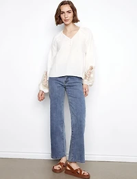 Chic Braided V-Neck Embroidered Balloon-Sleeve Linen Blend Blouse by Charlie B