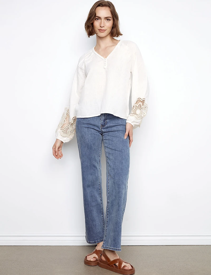 Chic Braided V-Neck Embroidered Balloon-Sleeve Linen Blend Blouse by Charlie B
