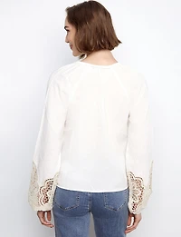Chic Braided V-Neck Embroidered Balloon-Sleeve Linen Blend Blouse by Charlie B