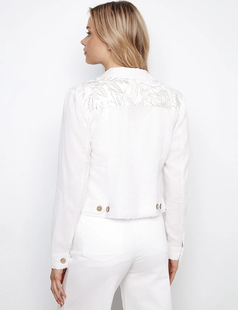 Casual Linen Blend Jacket with Frayed Hem & Embroidered Details by Charlie B