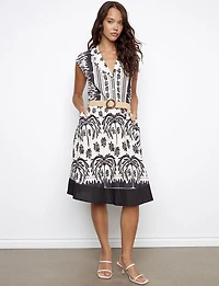 Printed Knee-Length Linen Cotton Dress with Straw Belt & Pockets by Charlie B