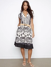 Printed Knee-Length Linen Cotton Dress with Straw Belt & Pockets by Charlie B