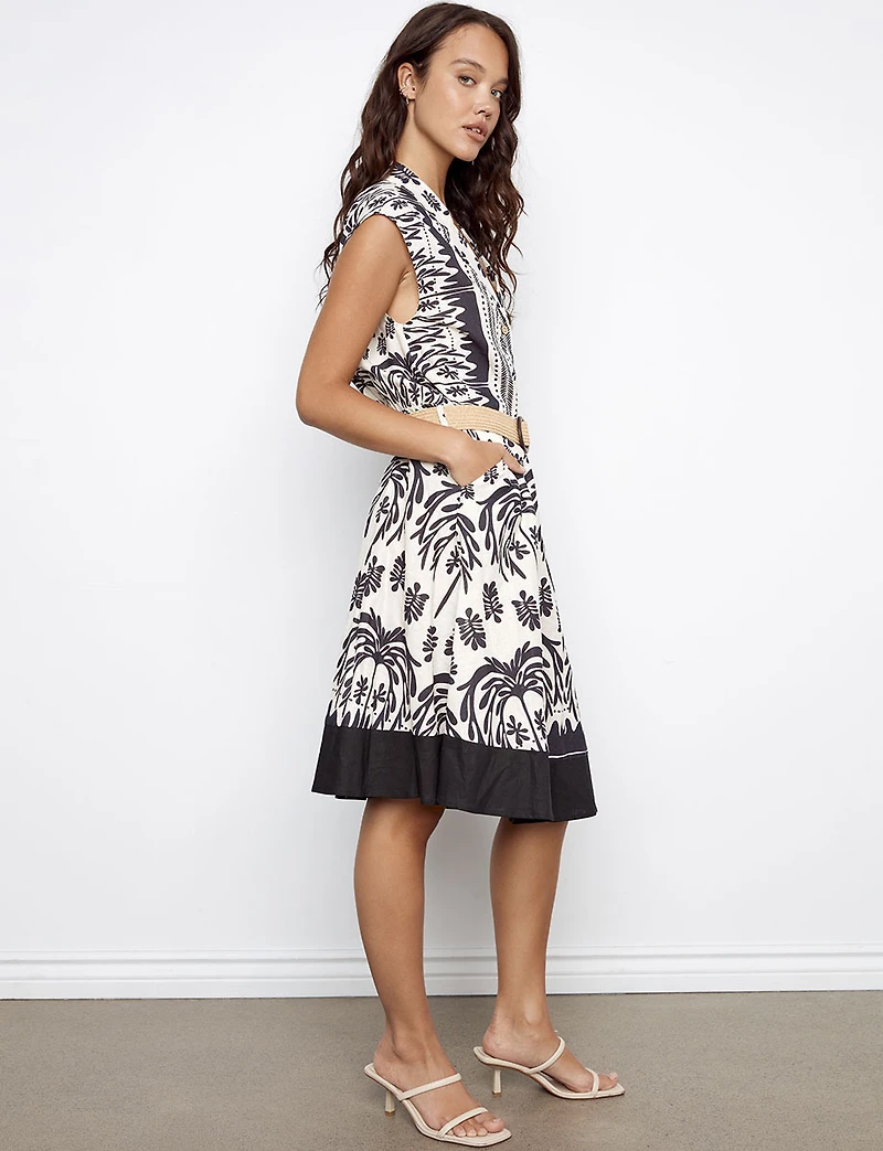 Printed Knee-Length Linen Cotton Dress with Straw Belt & Pockets by Charlie B