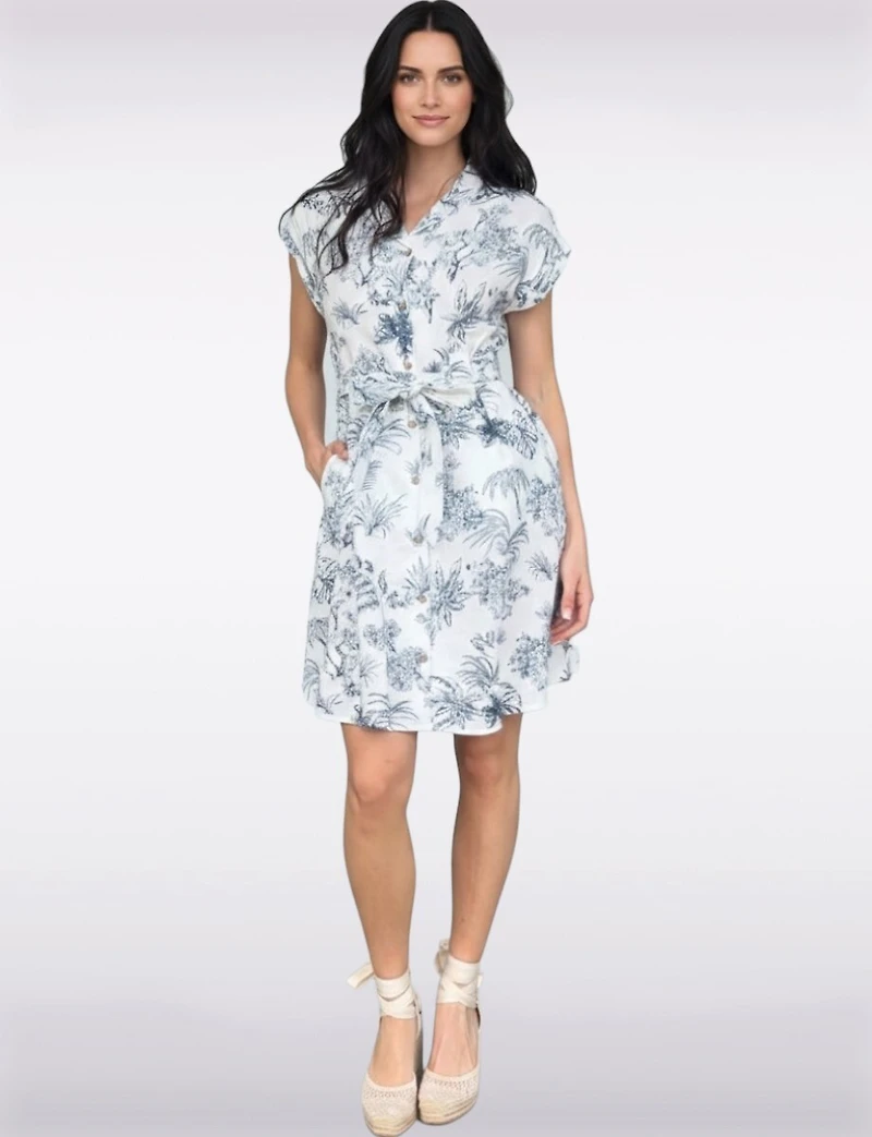 Printed Linen-Blend Button-Front Dress with Tie Waist and Pockets by Charlie B.