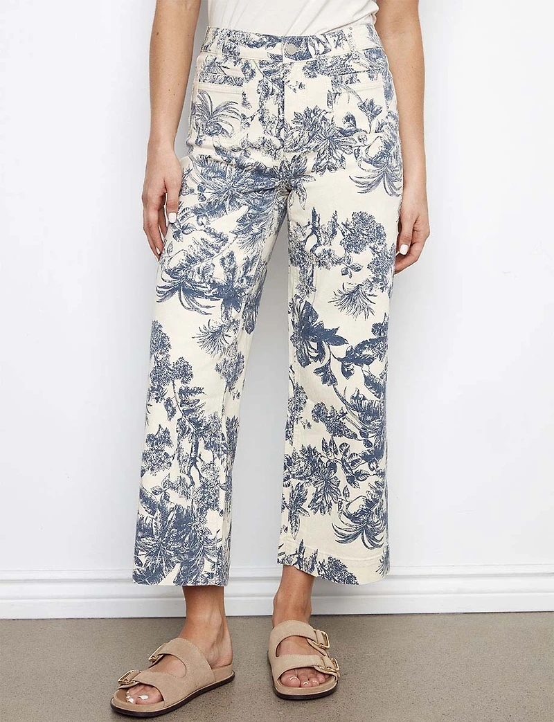 Printed Cropped Patch Pocket Flare Fit Stretch Twill Pants by Charlie B