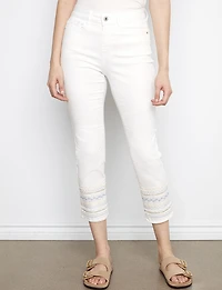 Slim-Fit Stretch Crop White Jeans with Elegant Embroidered Hem by Charlie B