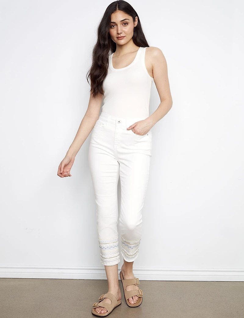 Slim-Fit Stretch Crop White Jeans with Elegant Embroidered Hem by Charlie B