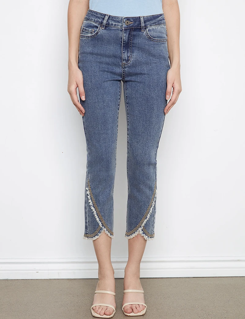 Medium Blue Stretch Slim Fit Jeans - Frayed Embroidered Tulip Hem by Charlie B