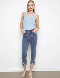 Medium Blue Stretch Slim Fit Jeans - Frayed Embroidered Tulip Hem by Charlie B