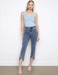 Medium Blue Stretch Slim Fit Jeans - Frayed Embroidered Tulip Hem by Charlie B