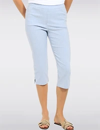 Blue Pinstripe Stretch Pull-On Capri Pants with Front Pockets & Side Slits