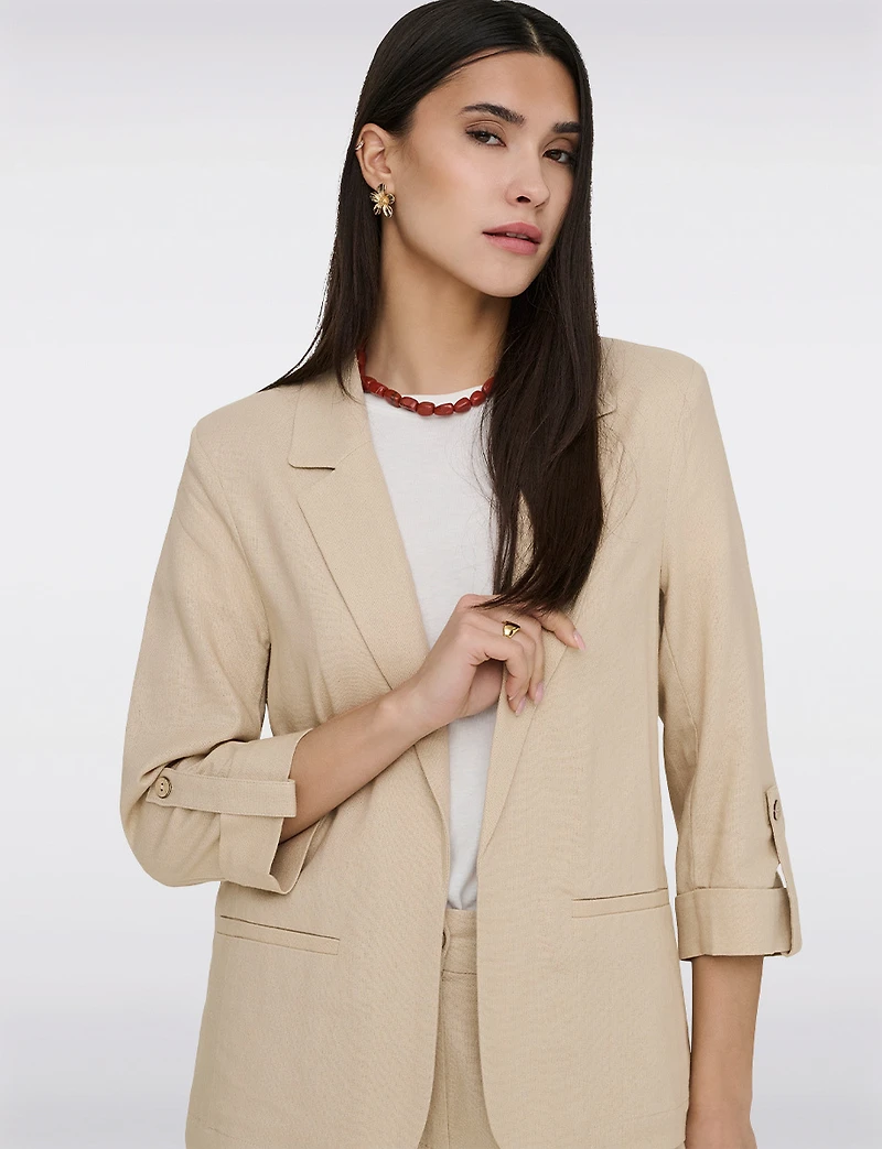 Lightweight Linen Blend Open-Drape Blazer for Women – 3/4 Cuffed Sleeves by Only