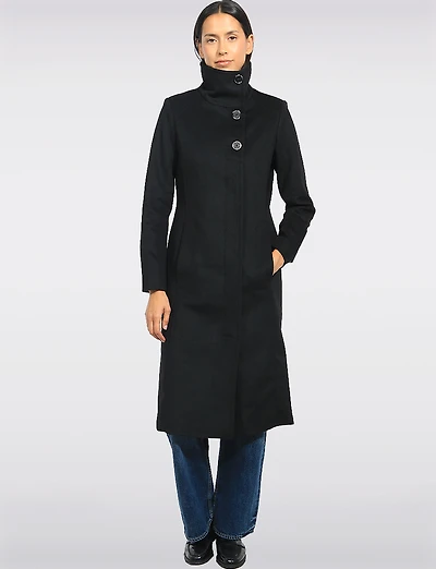 Mid-length A-line High-Collar Single BreastedWool Blend Coat by Kenneth Cole