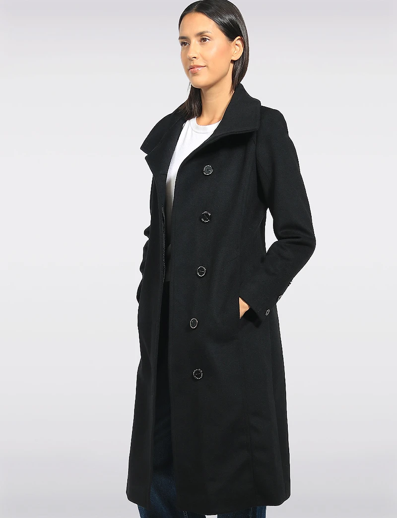 Mid-length A-line High-Collar Single BreastedWool Blend Coat by Kenneth Cole