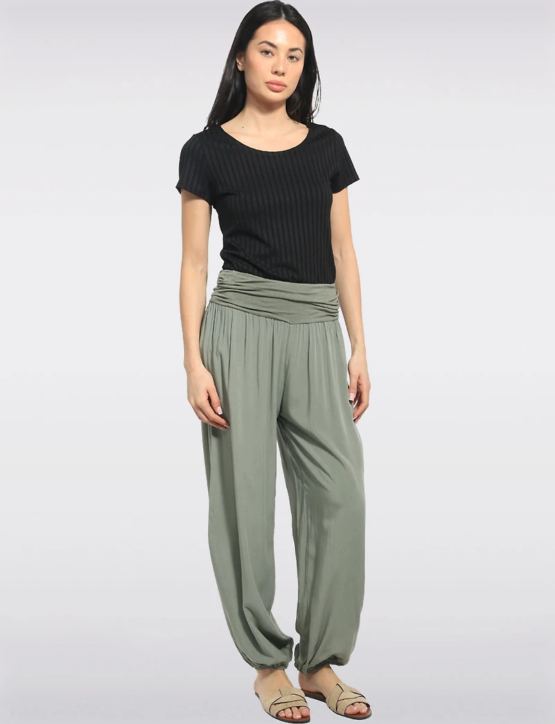 Solid Flowy Ruched Waist Band and Elastic Hem Balloon Pants by Froccella