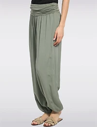 Solid Flowy Ruched Waist Band and Elastic Hem Balloon Pants by Froccella