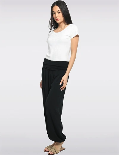 Solid Flowy Ruched Waist Band and Elastic Hem Balloon Pants by Froccella