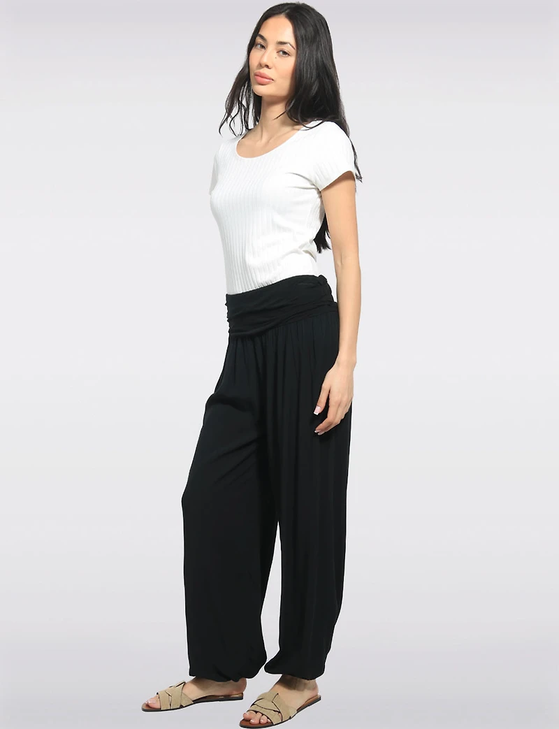 Solid Flowy Ruched Waist Band and Elastic Hem Balloon Pants by Froccella