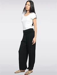 Solid Flowy Ruched Waist Band and Elastic Hem Balloon Pants by Froccella