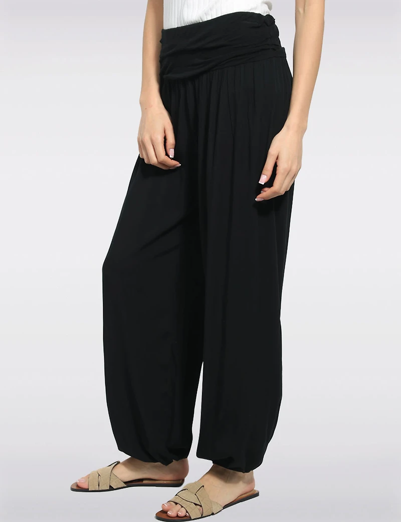Solid Flowy Ruched Waist Band and Elastic Hem Balloon Pants by Froccella