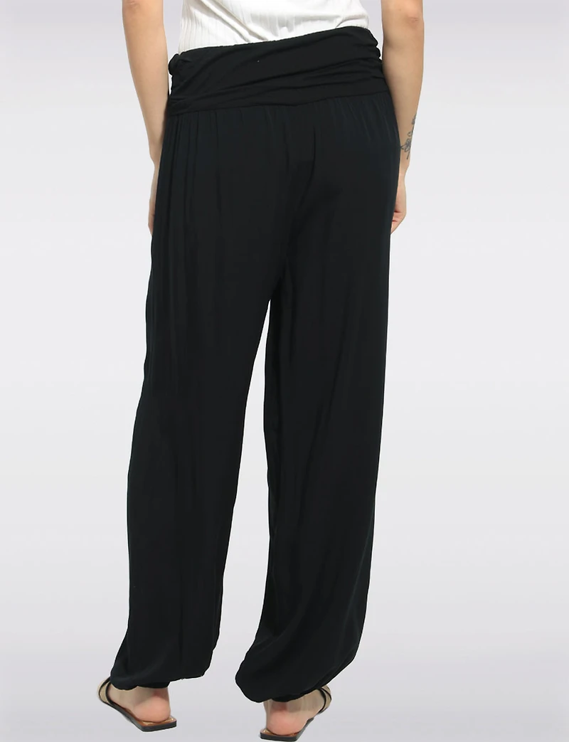 Solid Flowy Ruched Waist Band and Elastic Hem Balloon Pants by Froccella