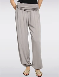 Solid Flowy Ruched Waist Band and Elastic Hem Balloon Pants by Froccella