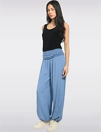 Solid Flowy Ruched Waist Band and Elastic Hem Balloon Pants by Froccella