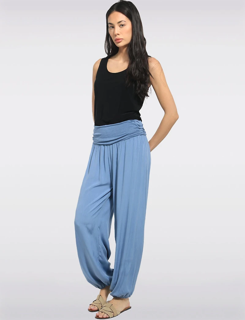 Solid Flowy Ruched Waist Band and Elastic Hem Balloon Pants by Froccella