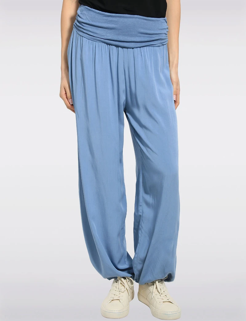 Solid Flowy Ruched Waist Band and Elastic Hem Balloon Pants by Froccella