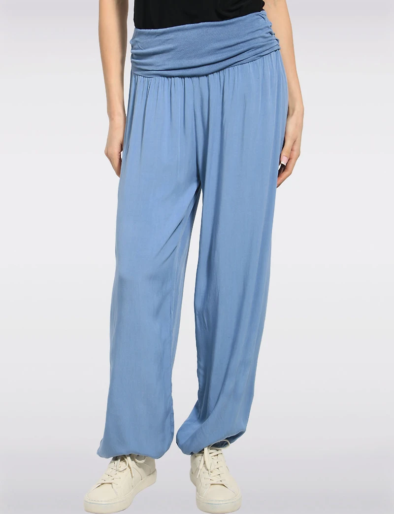 Solid Flowy Ruched Waist Band and Elastic Hem Balloon Pants by Froccella