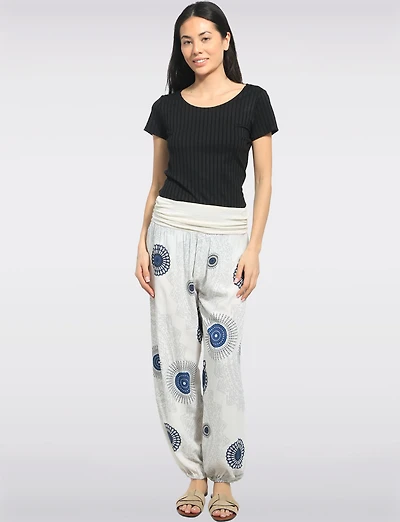 Flowy Ruched Waistband Elastic Hem Circular Print Balloon Pants by Froccella