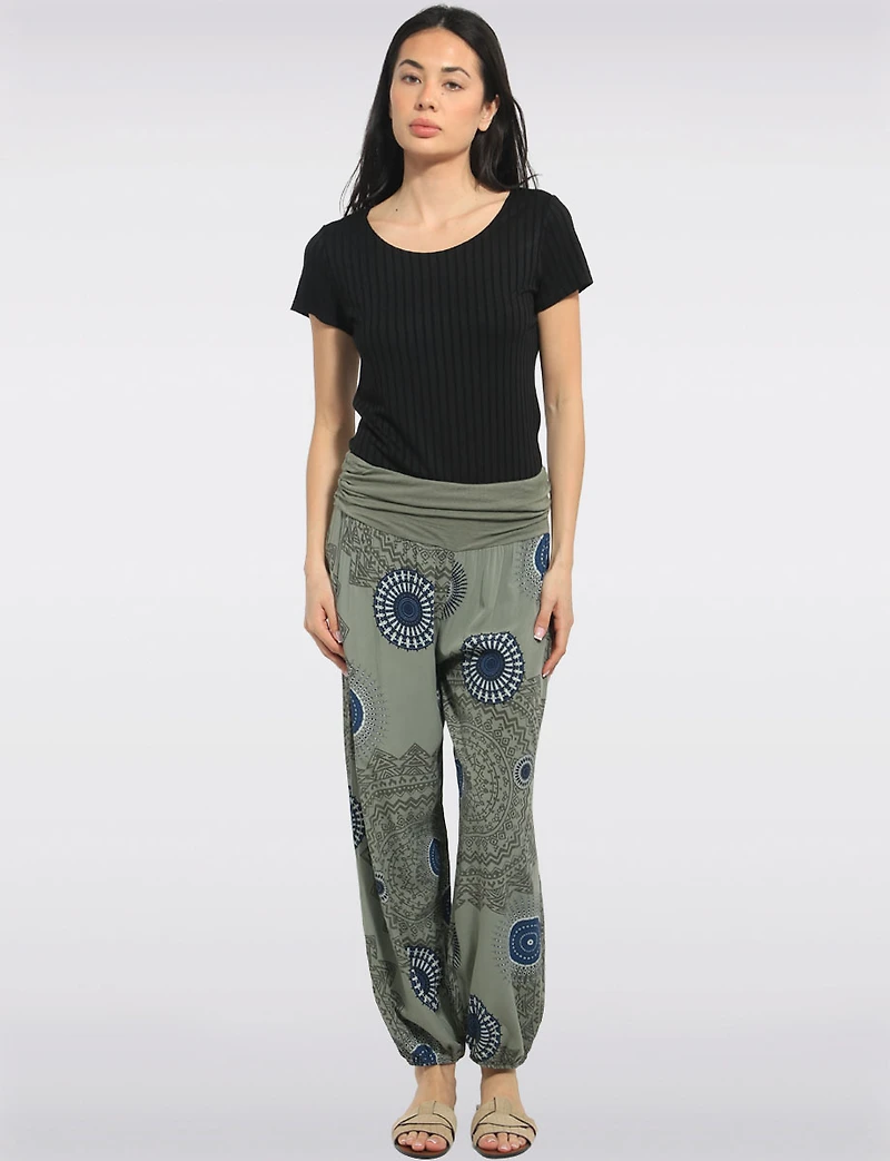 Flowy Ruched Waistband Elastic Hem Circular Print Balloon Pants by Froccella