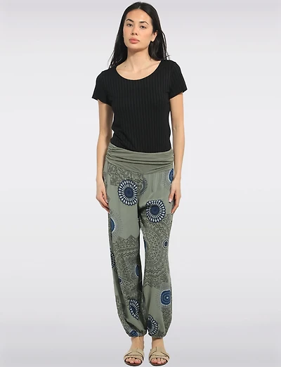 Flowy Ruched Waistband Elastic Hem Circular Print Balloon Pants by Froccella